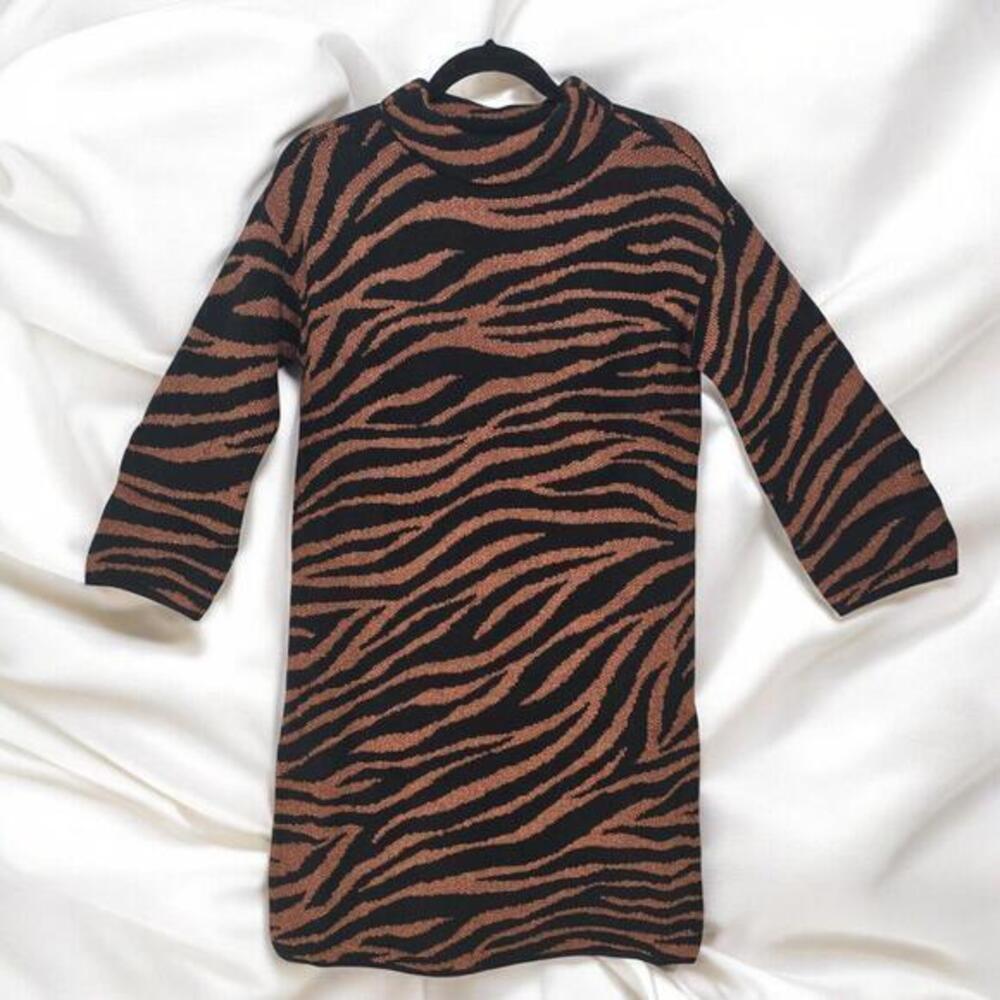 Ann Taylor Sweater Dress Woman XXSP Brown Tiger Print Knit Spark Long Sleeve NWT